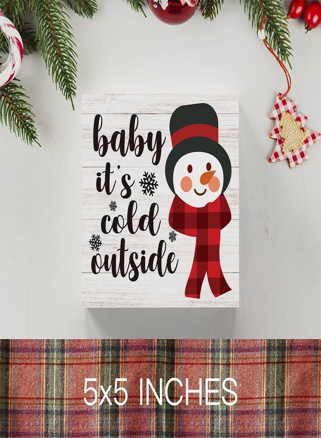 WRSUNT Baby It's Cold Outside Snowman Merry Christmas Tree Wood Box Sign, Farmhouse Christmas Santa Artwork Decor, Wood Square Sign Desk Block Signs Home Shelf Office Decoration 5 x 5 Inches - Image 3